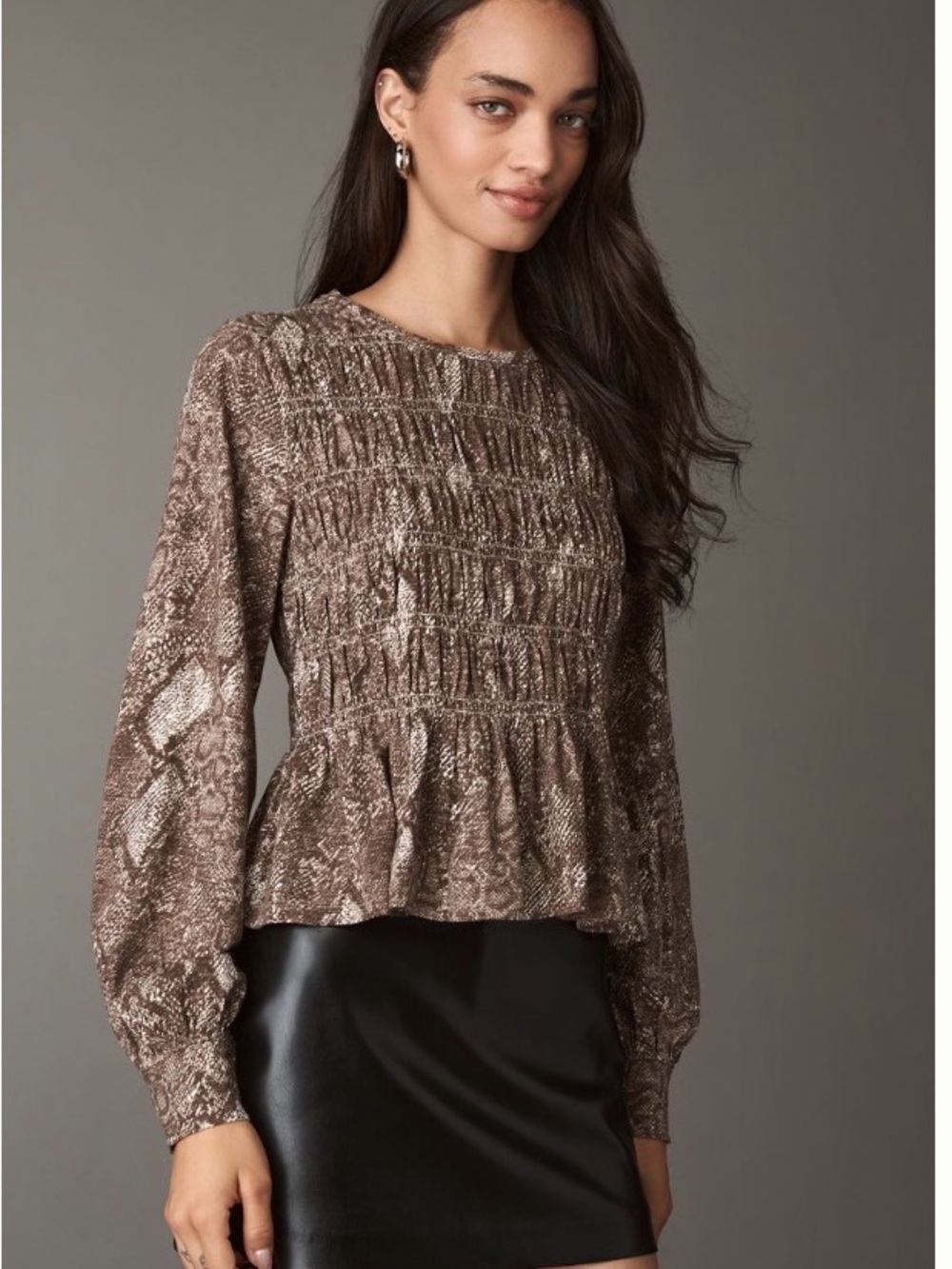 Anthropologie Brown Printed Smocked Peplum Long-Sleeve Top